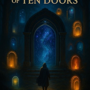Op de afbeelding: Een artistieke weergave van een persoon die naar een grote, gewelfde deur loopt, gevuld met een sterrenhemel. De afbeelding heeft de titel "JOURNEY OF TEN DOORS" en toont verschillende kleinere, gloeiende boogdeuren.