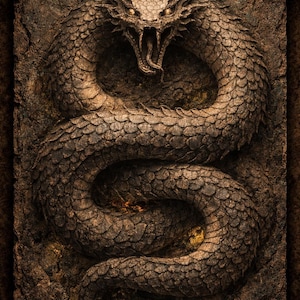 Può includere: Scultura a rilievo dettagliata di un serpente con bocca aperta, squame e dettagli intricati. L'opera d'arte è in tonalità marroni e beige, con un aspetto strutturato simile alla pietra. Il serpente è arrotolato e centrato.