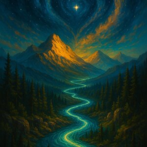 Mountain River Wall Art: Cosmic Heart Night Sky, Serene Landscape