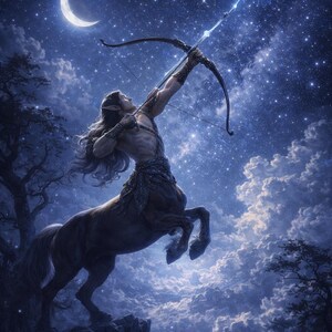 May include: A digital illustration of a centaur aiming a bow and arrow at a bright star in a night sky filled with stars and a crescent moon. The centaur is a muscular figure with long hair, wearing ornate armor. The scene is set in a forest.