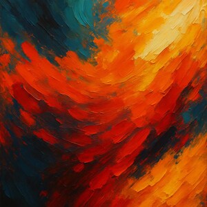 May include: Abstract oil painting with bold brushstrokes in shades of red, orange, yellow, teal, and navy blue. The artwork features a dynamic composition with textured layers, creating a sense of movement and depth. The painting evokes a warm, fiery atmosphere.