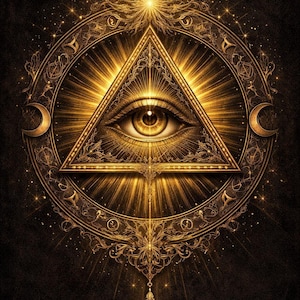 May include: A detailed golden illustration of the Eye of Providence within a triangle, surrounded by a circle with ornate patterns and crescent moons. The design radiates light against a dark background.