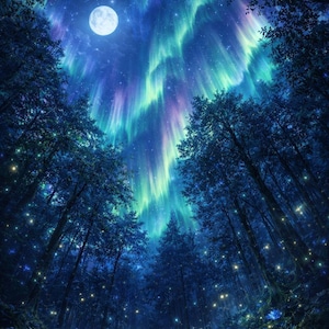 May include: A nighttime forest scene with tall, dark trees reaching towards a vibrant sky. The sky is filled with a bright full moon, stars, and colorful aurora borealis in shades of green, blue, and purple. The scene evokes a sense of wonder.
