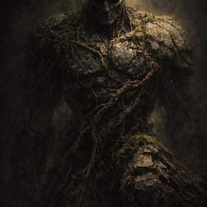 May include: A digital illustration of a humanoid figure composed of stone and vegetation. The figure has a textured, rocky appearance with intricate details of vines and moss covering its body. The overall color palette is dark and earthy.