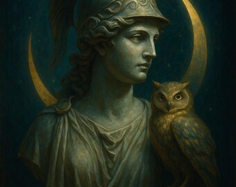 Grafika ścienna z popiersiem sowy Ateny, mitologia helleńska Złotego Księżyca (pobranie cyfrowe)