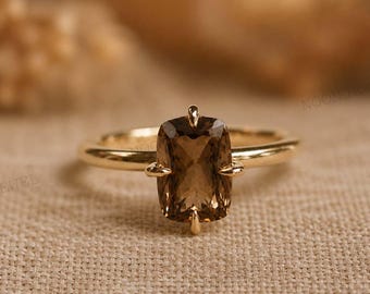 Elongated Cushion Smoky Quartz Ring, 14K Gold Solitaire Ring, Four Prong Gemstone Ring, Minimalist Engagement Ring, November Birthstone Gift