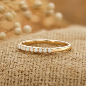 Fire Opal wedding band Unique yellow gold wedding band women Vintage Half eternity wedding ring Promise ring Bridal Matching Stackable ring
