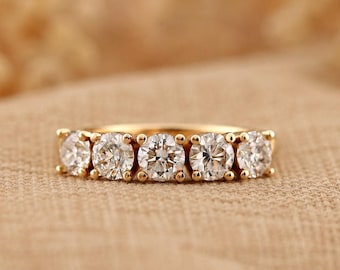 Lab Grown Diamond Five Stone Ring, Round Cut Diamond Half Eternity Ring For Women, U Prong Setting Moissanite Wedding Ring For Gift Couple's