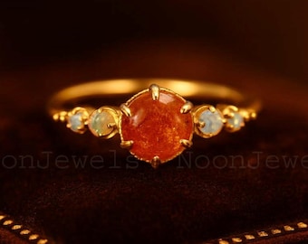 Natural Sunstone Opal Ring Round Cut Opal Engagement Ring, Handmade Art Deco Women Jewelry, Fine Orange Sunstone Anniversary Gift For Love