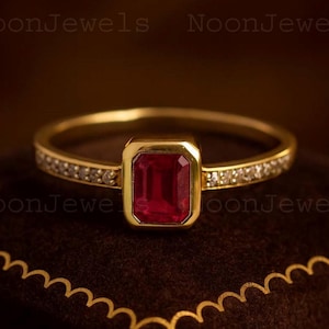 Emerald Cut Dainty Ruby Solitaire Ring Yellow Gold Moissanite Minimalist Ring Statement Art Deco Jewelry July Birthstone Anniversary Gift
