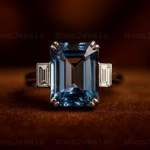 Vintage Emerald cut Aquamarine Engagement Ring, March Birthstone, Three Stone Ring, Unique Solitaire Promise Ring, Proposal Gifts for Women