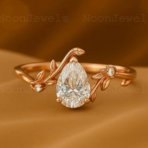 Art Deco Pear Cut Moissanite Engagement Ring, Handmade Unique 14k Rose Gold Leaf Vine Twig Branch Nature Inspired Ring, Valentines Gift Her