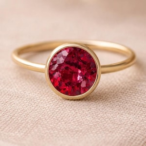 Round Ruby Ring, Bezel Set Ruby Ring, Minimalist Solitaire Ring, 14K Gold Pink Gem Ring, July Birthstone Ring, Dainty Ruby Engagement Ring