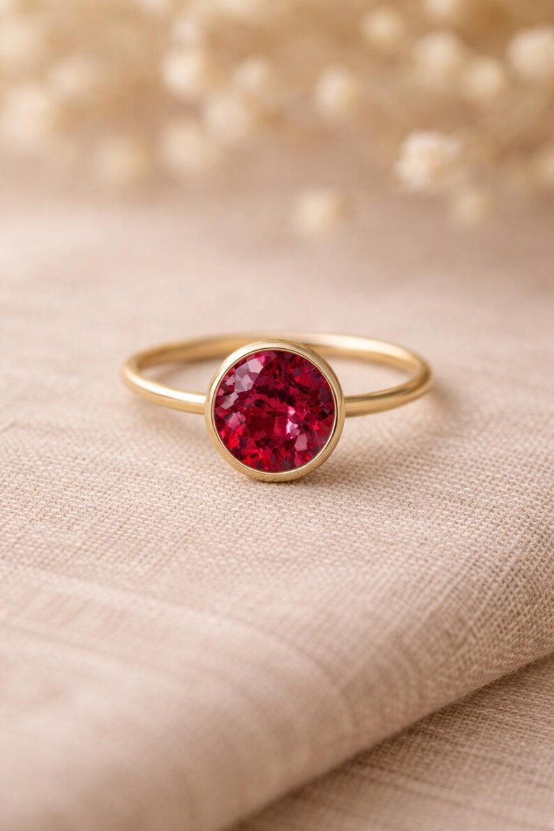 Round Ruby Ring, Bezel Set Ruby Ring, Minimalist Solitaire Ring, 14K Gold Pink Gem Ring, July Birthstone Ring, Dainty Ruby Engagement Ring image 1