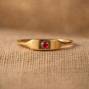 May include: A gold-colored ring with a rectangular center and a small, round, red gemstone. The ring is set against a neutral, textured background, highlighting the jewelry's design and color.