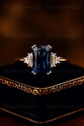 Emerald Cut Blue Sapphire Ring 14K Yellow Gold Three Stone Engagement Ring Baguette Diamond Side Stones Vintage Wedding Jewelry Gift for Her