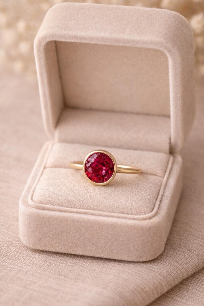 Round Ruby Ring, Bezel Set Ruby Ring, Minimalist Solitaire Ring, 14K Gold Pink Gem Ring, July Birthstone Ring, Dainty Ruby Engagement Ring image 5