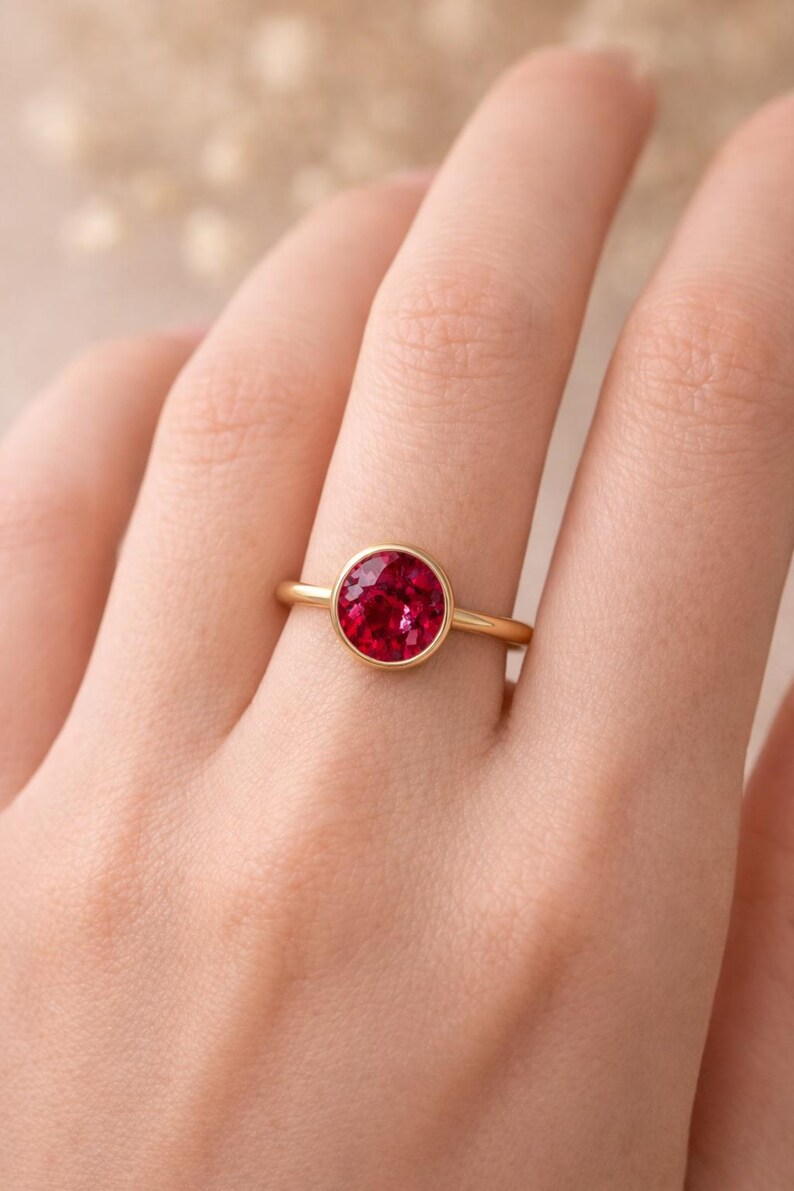 Round Ruby Ring, Bezel Set Ruby Ring, Minimalist Solitaire Ring, 14K Gold Pink Gem Ring, July Birthstone Ring, Dainty Ruby Engagement Ring image 6