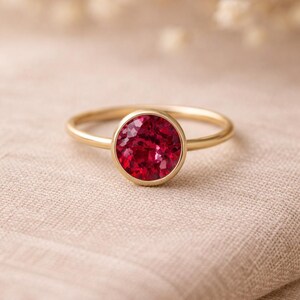 Round Ruby Ring, Bezel Set Ruby Ring, Minimalist Solitaire Ring, 14K Gold Pink Gem Ring, July Birthstone Ring, Dainty Ruby Engagement Ring image 4