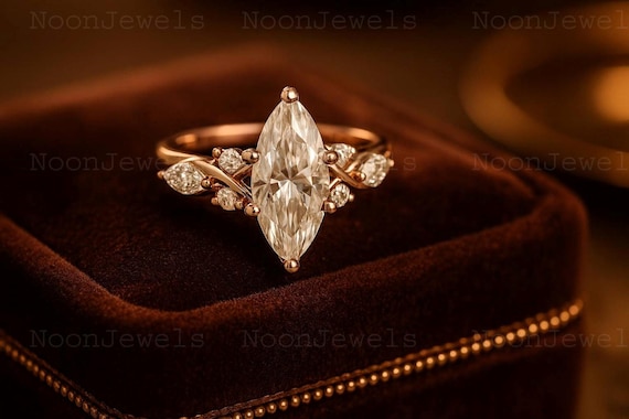 Marquise Cut Moissanite Engagement Ring Unique 14K Solid Gold Cluster Marquise Diamond Wedding Ring Anniversary Gift Promise Ring For Her