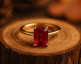 Natural Red Ruby Emerald Cut Solitaire Engagement Ring, July Birthstone, Red Gemstone Ring, Promise Anniversary Gift Ring For Women