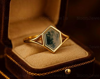 Vintage Moosachat Ring Hexagon Cut Moosachat Verlobungsring Jubiläumsgeschenk 14k Gelbgold Ring Solitär Ring