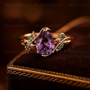 Vintage Pear Amethyst Engagement Ring 14k Solid rose gold twig leaf emerald bridal wedding ring women February birthstone ring gift For her