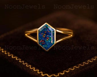 Bague de fiançailles ancienne avec opale noire hexagonale, bague d'anniversaire d'opale vintage, bague en or massif 14 carats, bijoux art déco, cadeau délicat pour elle