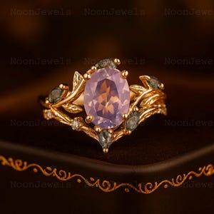 Vintage oval cut Lavender Amethyst engagement ring rose gold art deco cluster leaf nature inspired moss agate bridal wedding ring set women