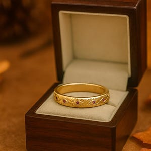 May include: A gold ring with a repeating eye-like pattern and small red gemstones, displayed in a dark wooden jewelry box with a cream-colored interior. The ring is the focal point, showcasing intricate details.