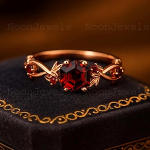 Vintage Hexagon Ruby and Garnet Engagement Ring, Unique Nature Inspired Leaf Ruby Bridal Ring, Garnet Promise Ring Rose Gold Wedding Ring