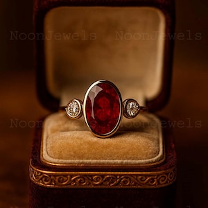 Può includere: Un anello d'oro con una grande pietra centrale di rubino ovale e due piccoli diamanti. L'anello è esposto in un portagioie di velluto bordeaux aperto, con interno dorato. Il marchio "NoonJewels" è visibile.