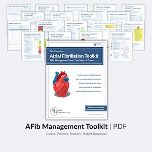May include: The image displays a comprehensive Atrial Fibrillation Toolkit in PDF format. The cover features a detailed illustration of a heart with blue and red coloring. Various checklists, guides, and trackers are visible, offering tools for managing AFib. The toolkit includes information on stroke risk, lifestyle plans, and medication tracking.