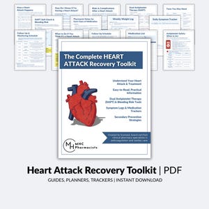 Op de afbeelding: De Complete Heart Attack Recovery Toolkit PDF. De omslag toont een rode en blauwe anatomische hartillustratie. Bevat gidsen, planners en trackers voor direct downloaden. Extra informatiebladen worden weergegeven.