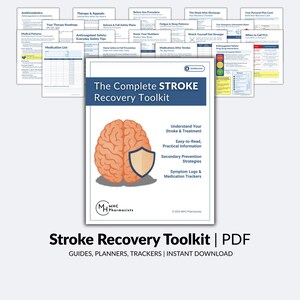 May include: A digital PDF titled "The Complete STROKE Recovery Toolkit" with a brain graphic and shield. The toolkit includes guides, planners, and trackers for stroke recovery. Additional documents on medical patterns and safety tips are also visible.