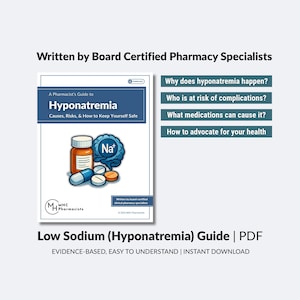 Może przedstawiać: Przewodnik o hiponatremii z niebieską okładką, z ilustracjami pigułek i mózgu z "Na+". Tytuł to "Hiponatremia" i zawiera tekst "Przyczyny, ryzyko i jak zachować bezpieczeństwo" oraz "Low Sodium (Hyponatremia) Guide | PDF".