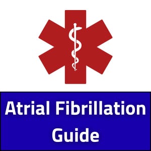 May include: A red medical symbol with a white staff of Asclepius is centered above a blue rectangle. The text "Atrial Fibrillation Guide" is in white, bold font.