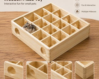 Wooden Maze Labyrinth Hideout for Hamster Rat Gerbil Pet | 12-Room Foraging Box Small Animal | Natural Wood Tunnel Cage Enrichment |