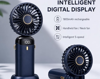 Portable Handheld Fan with Digital Display | Rechargeable Neck Fan | Summer Travel Gift, Office Desk Cooling