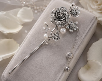 Silver Rose Hair Stick with Pearls | Vintage Floral Hairpin | Bridal Wedding Hair Accessory | Chinese Style Updo Stick | Gift for Her