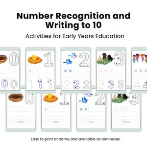 Op de afbeelding: Educatieve flashcards voor getalherkenning en schrijven tot 10. Elke kaart toont een getal met bijbehorende illustraties, zoals een nest met een ei voor "een" en vogels voor "twee". De kaarten zijn ontworpen voor jonge kinderen.
