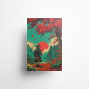 Samurai in Nature Digital Poster – Colorful Japanese Warrior Wall Art – Anime Style Meets Tradition – Samurai Home Decor – Instant Download