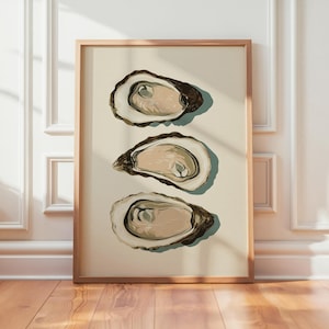 Three Oysters Printable – Oyster Shell Wall Art Print – Coastal Beach House Decor – Summer Kitchen Art – Mid-Century Sea Life Illustration