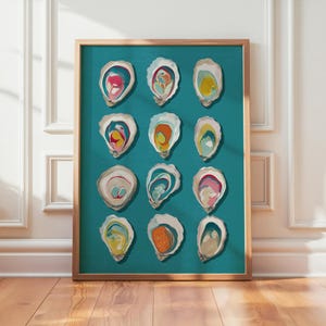 Colorful Oysters Wall Art Printable – Mid-Century Sea Life Poster – Coastal Beach House Decor – Nautical Kitchen Art – Ocean Shell Print