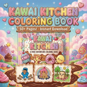 Puede incluir: Ilustración colorida de un "Kawai Kitchen Coloring Book" con el texto "50+ Pages! - Instant Download." La portada presenta un pastel y personajes temáticos de comida. La imagen incluye cupcakes, piruletas y galletas.