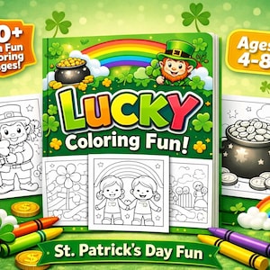 Op de afbeelding: Een kleurboek voor St. Patrick's Day getiteld "Lucky Coloring Fun!" met illustraties van een kabouter, regenboog en pot met goud. Bevat 50+ kleurplaten voor kinderen van 4-8 jaar. Kleurpotloden en klavers zijn ook zichtbaar.