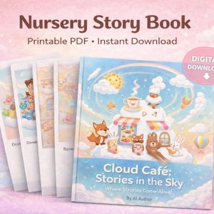 Peut inclure: Un livre pour enfants intitulé "Cloud Café: Stories in the Sky" avec une illustration fantaisiste d'un café dans les nuages. Le livre est un PDF imprimable et propose un téléchargement numérique. D'autres livres sont visibles.