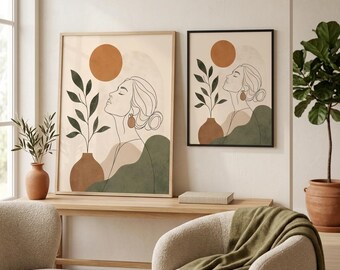 Minimalist Line Art Woman Poster Matte Vertical | Abstract Earth Tones, Botanical