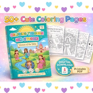 Op de afbeelding: Een turquoise kleurboek getiteld "Coloring Through Her Stories: Women of the Bible" met illustraties van vrouwen en een kasteel. Het boek gaat vergezeld van verschillende kleurplaten met lijntekeningen. De tekst "50+ Cute Coloring Pages" wordt bovenaan weergegeven.
