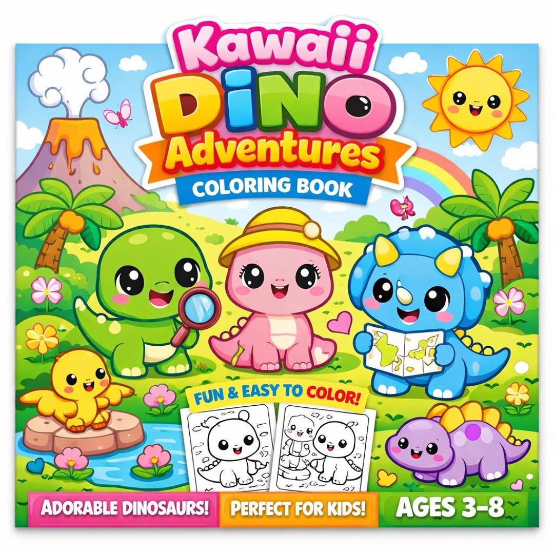 Kawaii Dinosaur Coloring Book for Kids 50 Adorable Dino Printable PDF ...